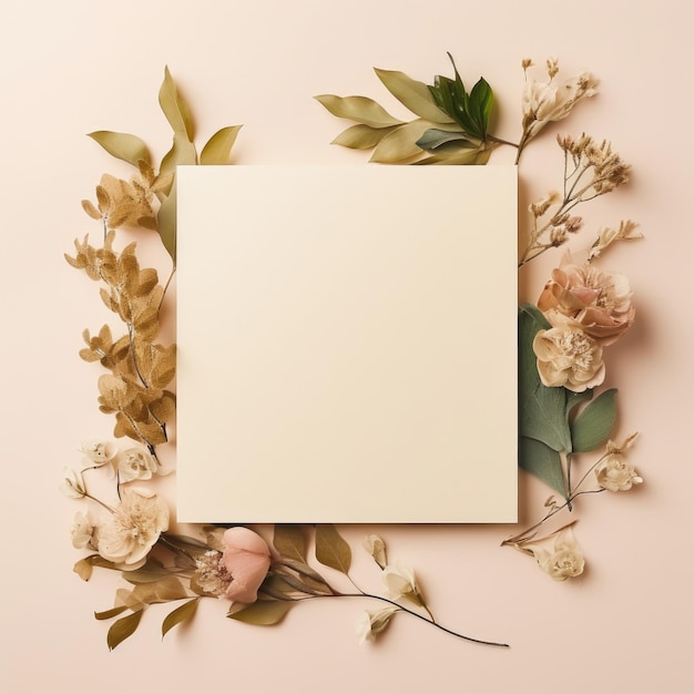 Blank paper card on surround floral wedding card mockup on pastel color background