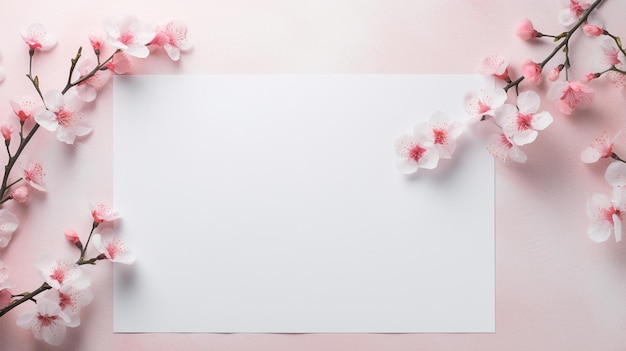 Blank paper card with blossom flower frame top view space for text