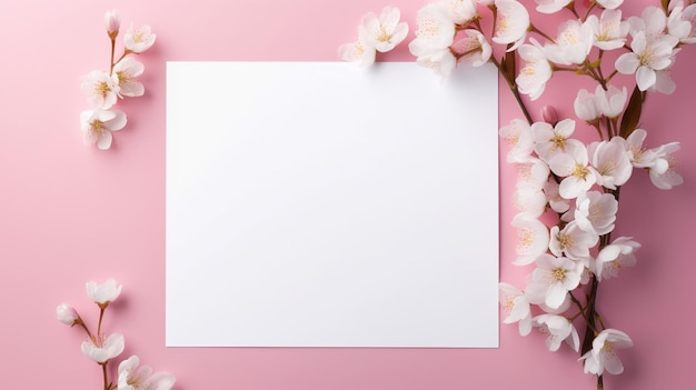 Blank paper card with blossom flower frame top view space for text