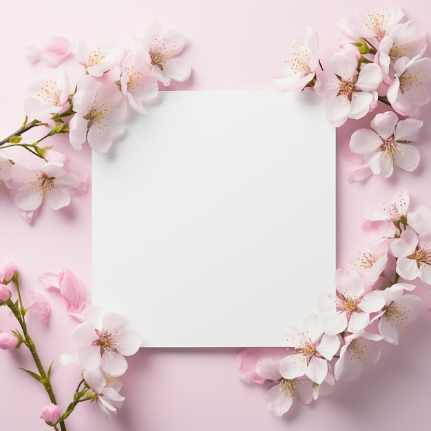 Blank paper card with blossom flower frame top view space for text