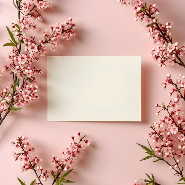 분홍색 배경에 분홍색 벚꽃 가지가 있는 빈 종이 카드