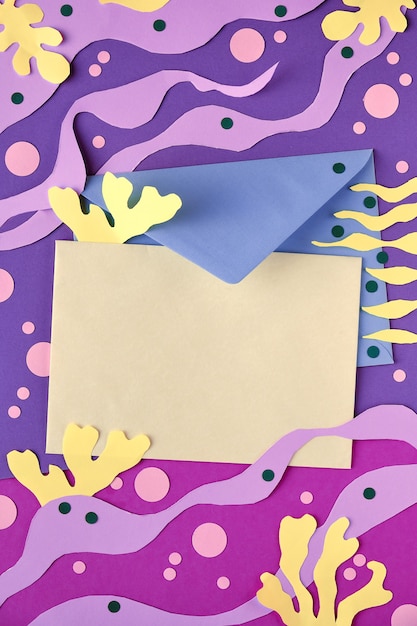 Blank paper and envelope mockup. Abstract underwater background. Matisse-inspired paper art collage