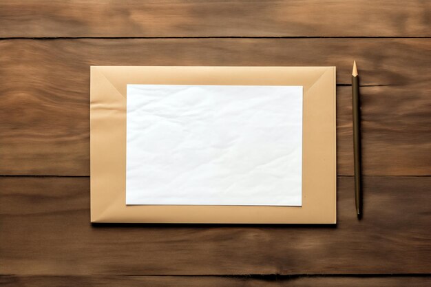 Photo blank paper envelope with pencil on wooden background mockup