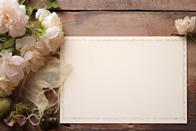 Photo blank paper and flowers on country rustic wooden table background for printable art paper stationery and greeting card mockup