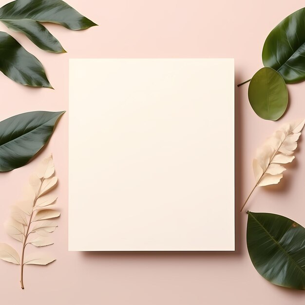 Photo blank paper mockup in with leaves on pink pastel background