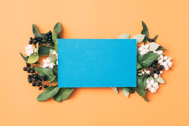 Blank paper note or card with mistletoe flowers, top view