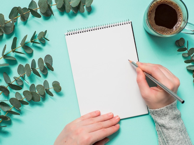 Photo blank paper notebook and female hands with pencil