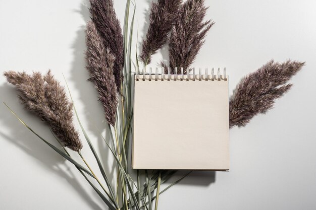 Blank paper notebook sheets on beige background top view Blank spiral bound notepad mockup