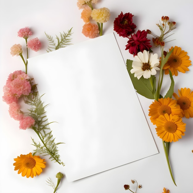 Blank paper sheet and bunch of colorful flowers