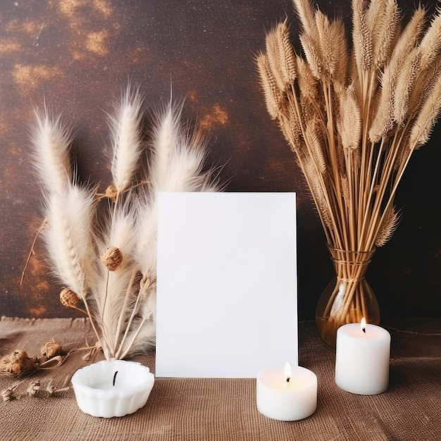 Blank paper sheet candles and dry grass on brown background Mock up