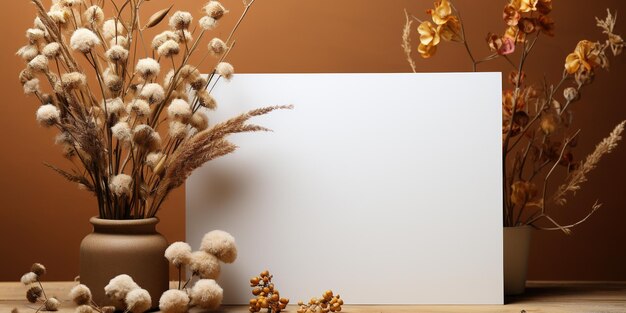 Blank paper sheet card with mockup copy space and dry flower buds on beige background