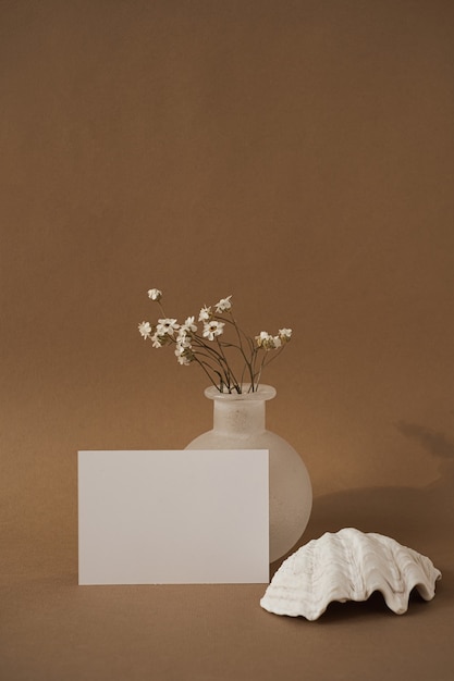 Пустая карточка листа бумаги с ракушкой, красивыми белыми цветками против нейтральной коричневой стены.