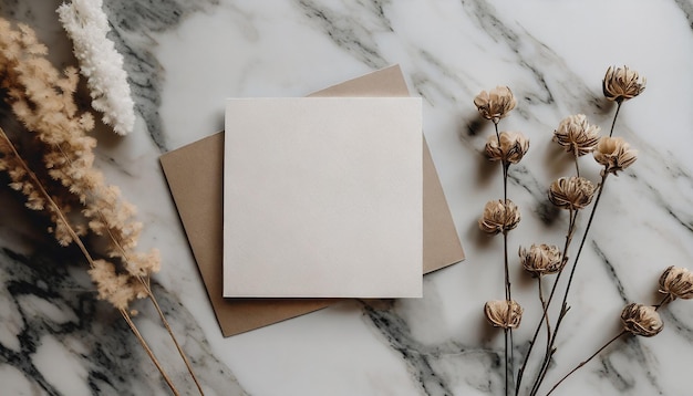 Blank paper sheet cards mockup and minimal dry flowers top view on marble background Copy space