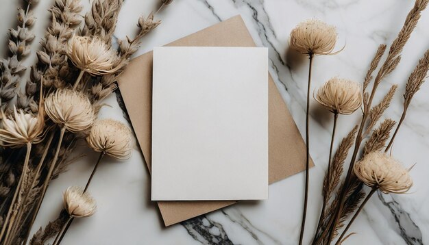 Blank paper sheet cards mockup and minimal dry flowers top view on marble background copy space