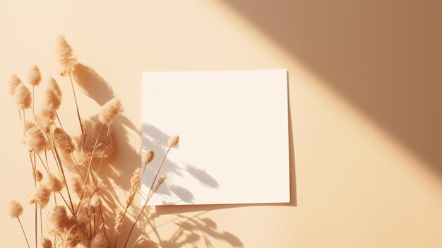 Photo blank paper sheet cards with mockup copy space and dry flowers