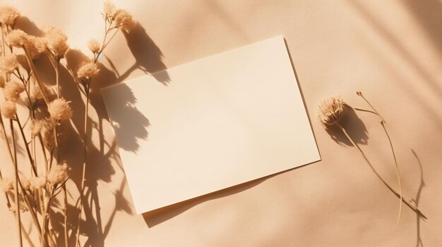 Blank paper sheet cards with mockup copy space and dry flowers