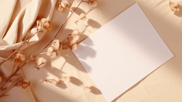 Photo blank paper sheet cards with mockup copy space and dry flowers