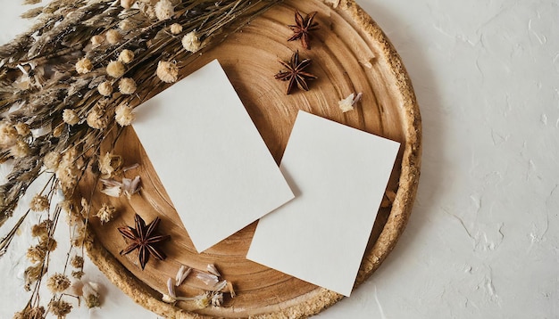 Blank paper sheet cards with mockup copy space dry star flowers on white background Flat lay top vie