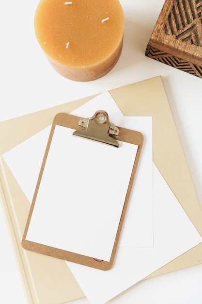 Blank paper sheet clipboard tablet pad with copy space. Flat lay, top view
