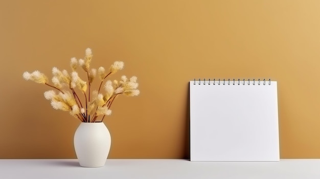 blank paper spiral calendar and plants in vase for mockup template