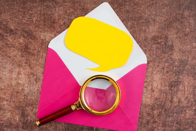 Blank Paper In Thought Bubble Shape With Envelope And Magnifying Glass Place On Wood It Is Representing New Ideas And Strategies For Achieving Progress For The Business