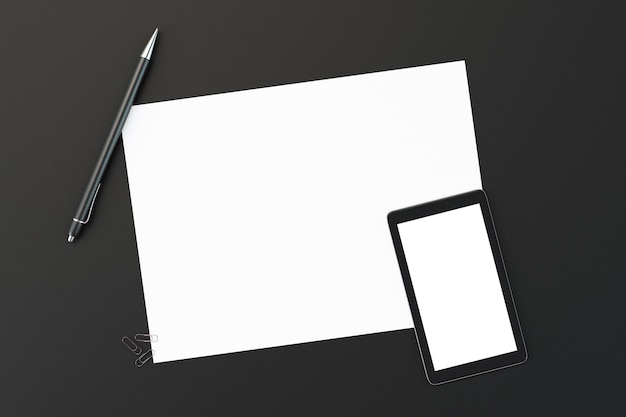 Чистый лист бумаги с пустым экраном смартфона и ручкой на черном столе макет