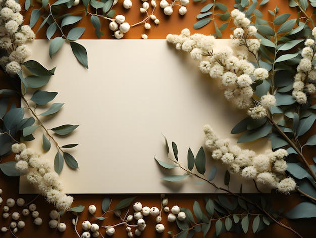 blank paper with leaves and flower on pastel background