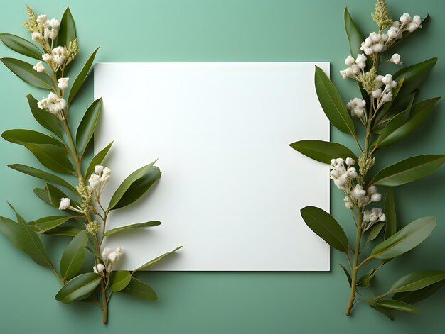 blank paper with leaves and flower on pastel background