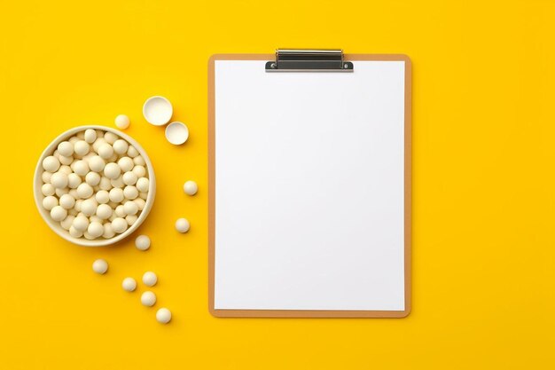 Blank paper with pills and stethoscope on yellow background world health day high quality highly