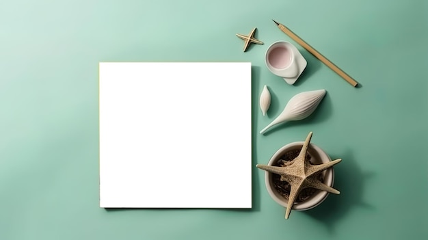 A blank paper with a seashell and starfish on it