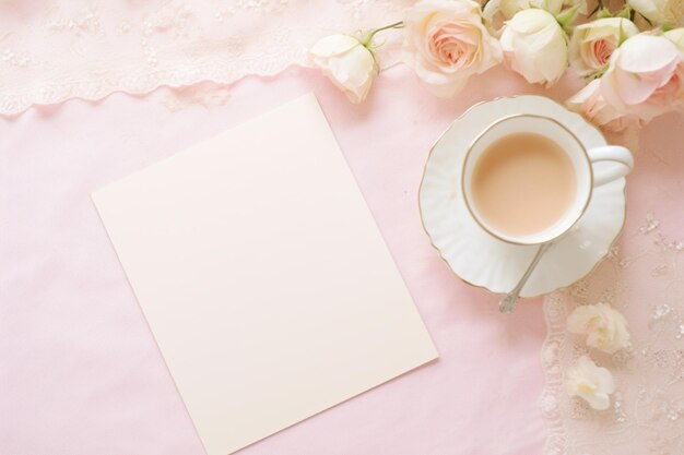 Blank papier en bloemen op landelijke achtergrond voor drukbaar kunstpapier, briefpapier en mock-up van groetenkaarten