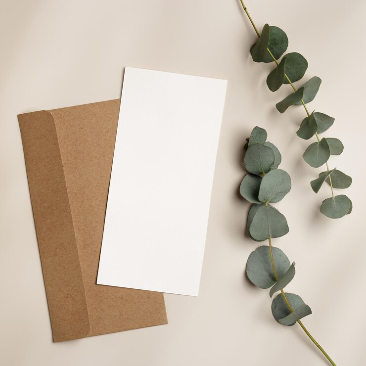 Foto blank papier kaart mock-up en handwerk enveloppe eucalyptus plant op beige witte lege brief zonlicht
