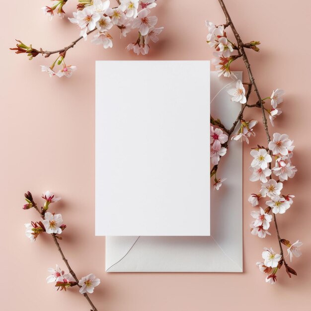 Foto blank papieren kaartje en kersen sakura bloemen achtergrond vakantie bruiloft groeten kaart