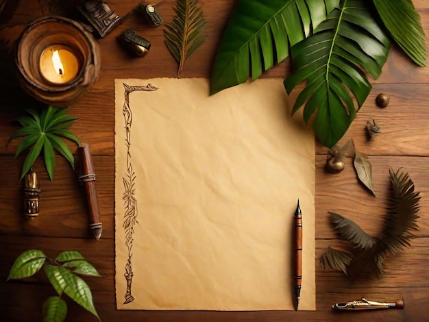 Blank parchment image with pen nib wood table jungle plant beautiful atmosphere