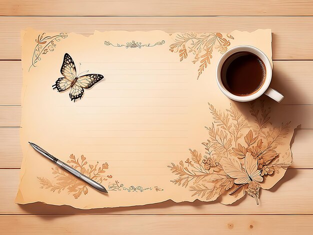 Photo blank parchment with cup of coffee