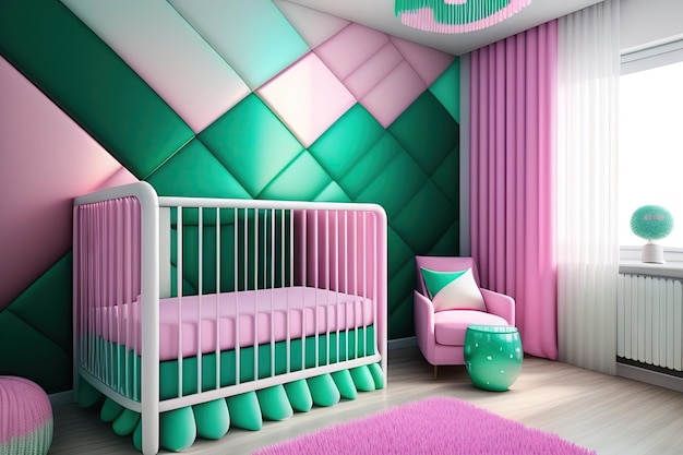 빛에 은 직물 가노피와 함께 분홍색 벽에 빈 파스텔 녹색 색 웨인스코트 아기 침대