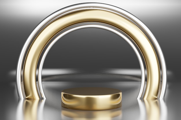 Blank pedestal with round gold frame, 3d rendering