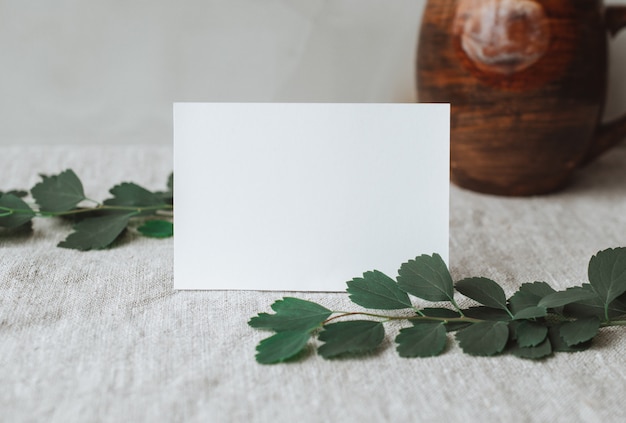 Blank personal card stationery mockups with natural sunlight and botanical shadows on Gray linen