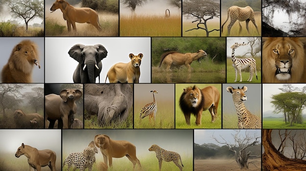 野生生物の写真の多様性を示す空白の写真コラージュ