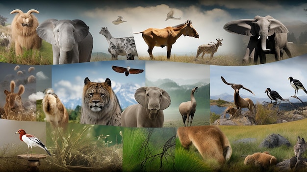 野生生物の写真の多様性を示す空白の写真コラージュ