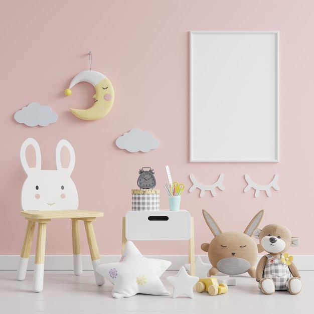 Blank photo frame in children room,pink wall,3d rendering