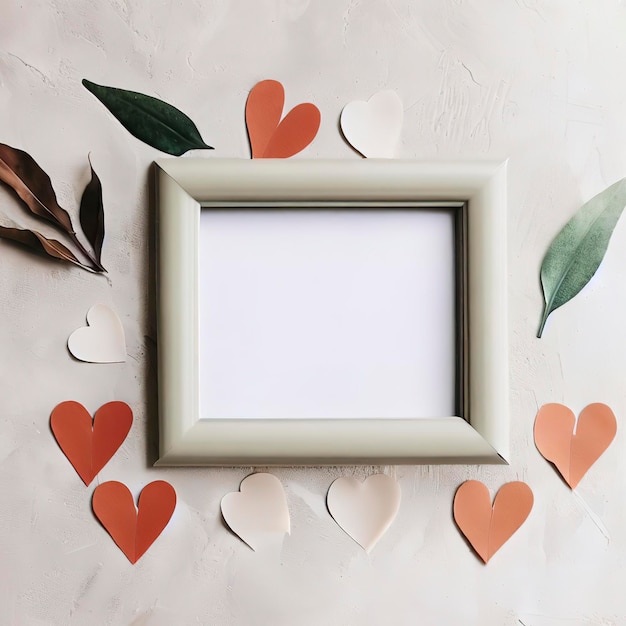 Blank photo frame and DIY paper hearts and leaves on plaster Home decor