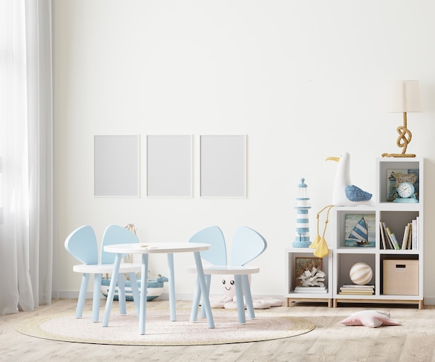 사진 아이 테이블과 창, 아이 가구, 3d 렌더링 근처 선반 밝은 어린이 방에 빈 사진 프레임