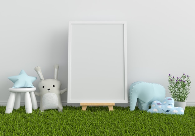 Blank photo frame for mockup and doll on grass