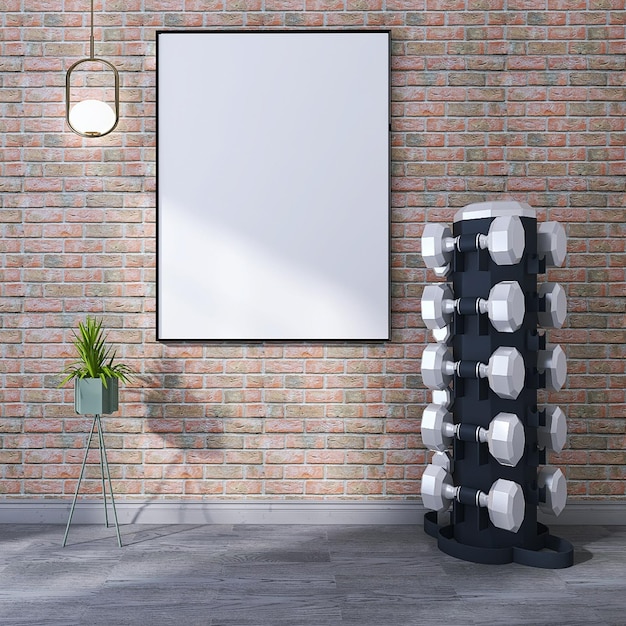 Blank photo frame mockup in modern gym interior design with dumbbell rack, red bricks texture wall