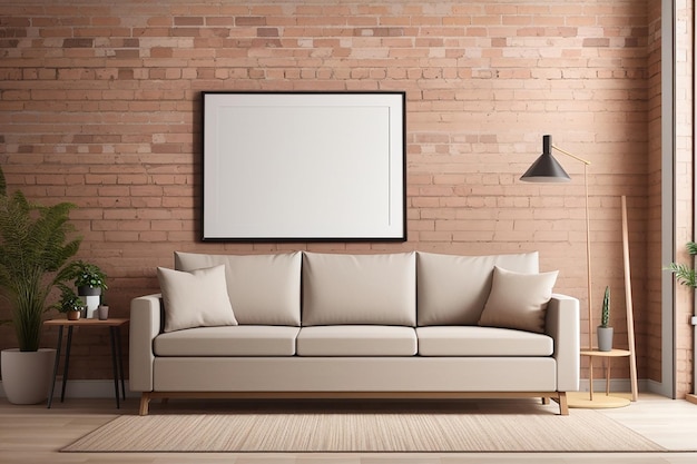 Blank photo frame mockup in modern living room interior design bricks background sofa