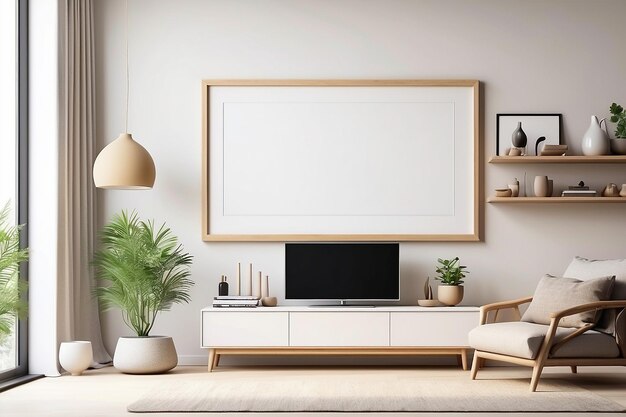 Blank photo frame mockup in modern living room interior design with media unit white background