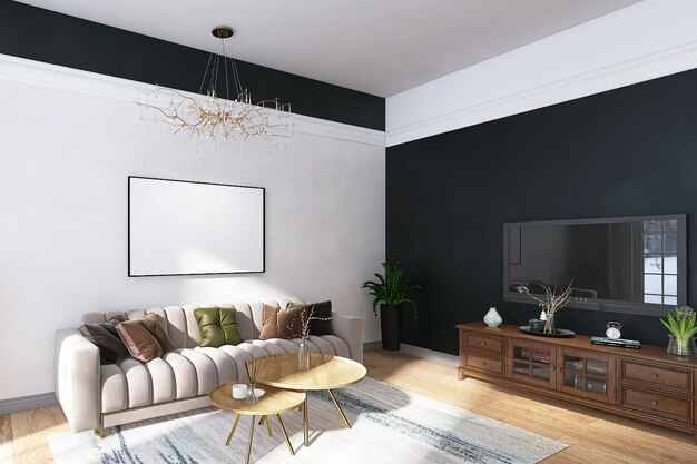 Blank Photo Frame Mockup in Modern Living Room Interior Design with Sofa Coffee Table and TV