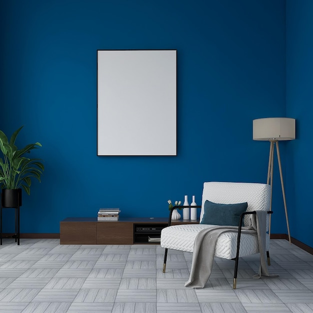 Blank photo frame mockup in modern living room interior design with sofa floor lamp blue wall