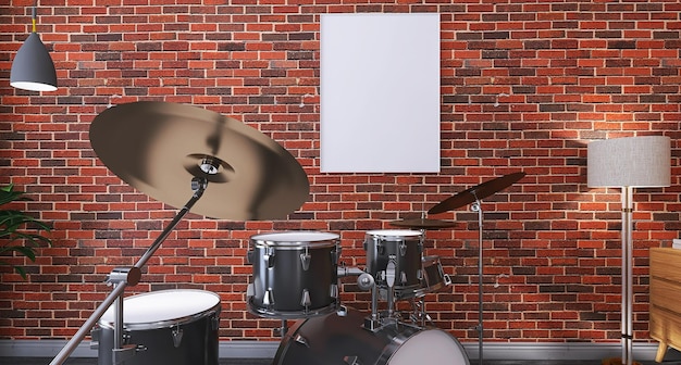 Blank Photo Frame Mockup in Modern Music Room with Drum Band Floor Lamp Red Bricks Wall Background